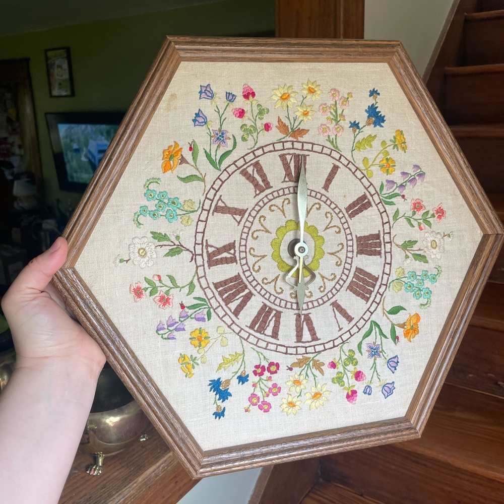 vintage crewel embroidered wall clock